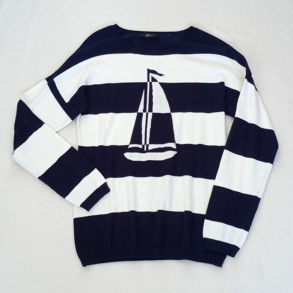 Cyrus Navy & White Stripe Sailing Yacht/ Boat Long Sleeve Nylon Blend Sweater M - Picture 12 of 13